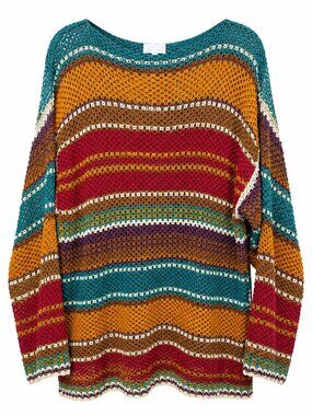 Colorful Open-Knit Boho Sweater Top | Oversized Crochet Pullover